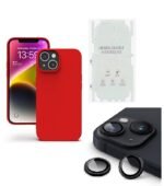 Silicone Bumper Case for iPhone 13 (Red) | Camera Lens (Black) | Matte Finish Back Membrane screen Guard (Pack Of 3) Combo