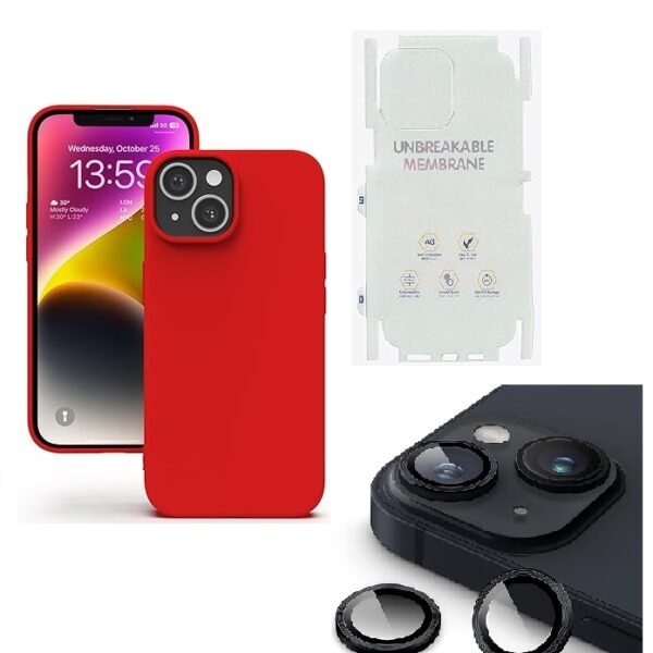 Silicone Bumper Case for iPhone 13 (Red) | Camera Lens (Black) | Matte Finish Back Membrane screen Guard (Pack Of 3) Combo