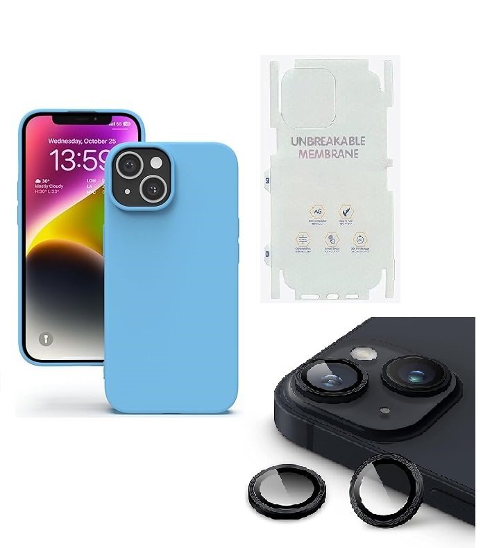 Silicone Bumper Case for iPhone 13 (Sky Blue) | Camera Lens (Black) | Matte Finish Back Membrane screen Guard (Pack Of 3) Combo
