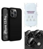 Silicone Bumper Case for iPhone 13 Pro (Black) | Camera Lens (Black) | Matte Finish Back Membrane screen Guard (Pack Of 3) Combo