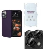 Silicone Bumper Case for iPhone 13 Pro (Deep Purple) | Camera Lens (Black) | Matte Finish Back Membrane screen Guard (Pack Of 3) Combo