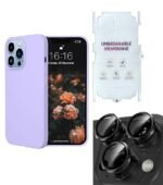 Silicone Bumper Case for iPhone 13 Pro (Purple) | Camera Lens (Black) | Matte Finish Back Membrane screen Guard (Pack Of 3) Combo