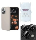 Silicone Bumper Case for iPhone 13 Pro (Stone Grey) | Camera Lens (Black) | Matte Finish Back Membrane screen Guard (Pack Of 3) Combo