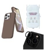 Silicone Bumper Case for iPhone 13 Pro Max (Brown) | Camera Lens (Black) | Matte Finish Back Membrane screen Guard (Pack Of 3) Combo