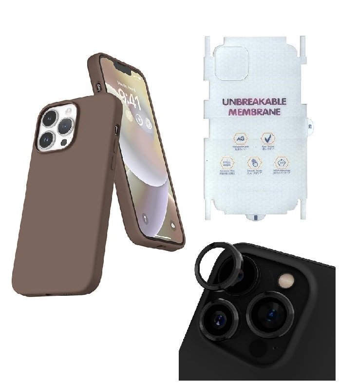Silicone Bumper Case for iPhone 13 Pro Max (Brown) | Camera Lens (Black) | Matte Finish Back Membrane screen Guard (Pack Of 3) Combo