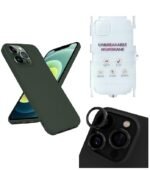 Silicone Bumper Case for iPhone 13 Pro Max (Pine Green) | Camera Lens (Black) | Matte Finish Back Membrane screen Guard (Pack Of 3) Combo