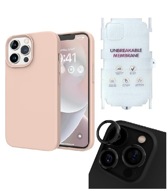Silicone Bumper Case for iPhone 13 Pro Max (Pink) | Camera Lens (Black) | Matte Finish Back Membrane screen Guard (Pack Of 3) Combo