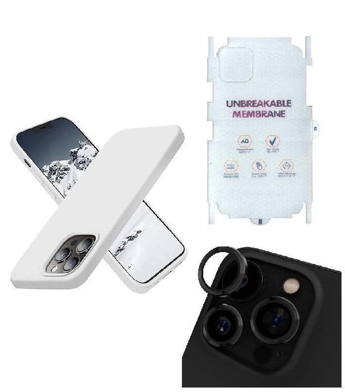 Silicone Bumper Case for iPhone 13 Pro Max (White) | Camera Lens (Black) | Matte Finish Back Membrane screen Guard (Pack Of 3) Combo
