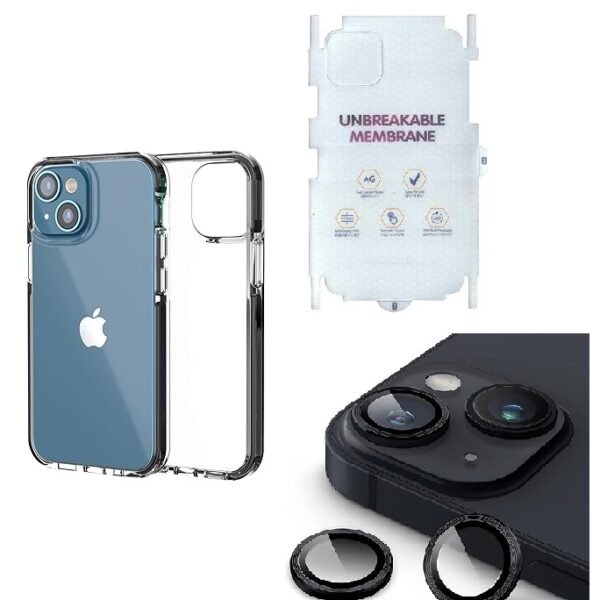 Silicone Bumper Case for iPhone 13 Mini (Transparent) | Camera Lens (Black) | Matte Finish Back Membrane screen Guard (Pack Of 3) Combo