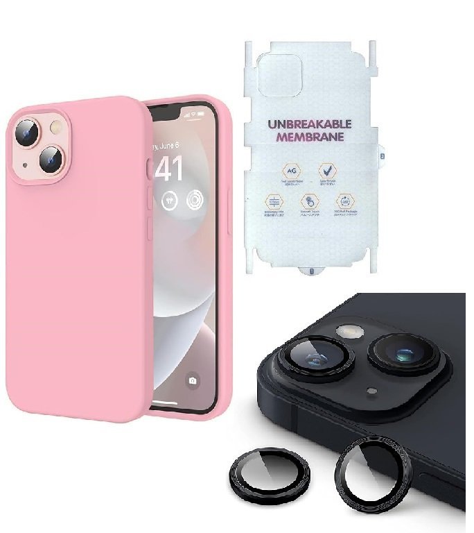 Silicone Bumper Case for iPhone 13 Mini (Pink) | Camera Lens (Black) | Matte Finish Back Membrane screen Guard (Pack Of 3) Combo