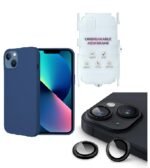 Silicone Bumper Case for iPhone 13 Mini (Blue) | Camera Lens (Black) | Matte Finish Back Membrane screen Guard (Pack Of 3) Combo