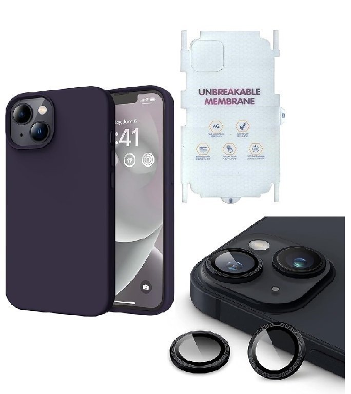 Silicone Bumper Case for iPhone 13 Mini (Deep Purple) | Camera Lens (Black) | Matte Finish Back Membrane screen Guard (Pack Of 3) Combo