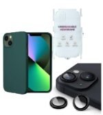 Silicone Bumper Case for iPhone 13 Mini (Green) | Camera Lens (Black) | Matte Finish Back Membrane screen Guard (Pack Of 3) Combo