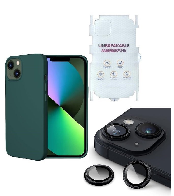 Silicone Bumper Case for iPhone 13 Mini (Green) | Camera Lens (Black) | Matte Finish Back Membrane screen Guard (Pack Of 3) Combo
