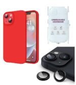 Silicone Bumper Case for iPhone 13 Mini (Red) | Camera Lens (Black) | Matte Finish Back Membrane screen Guard (Pack Of 3) Combo