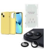 Silicone Bumper Case for iPhone 14 (Yellow) | Camera Lens (Black) | Matte Finish Back Membrane screen Guard (Pack Of 3) Combo