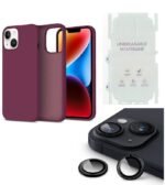 Silicone Bumper Case for iPhone 14 (Wine Red) | Camera Lens (Black) | Matte Finish Back Membrane screen Guard (Pack Of 3) Combo
