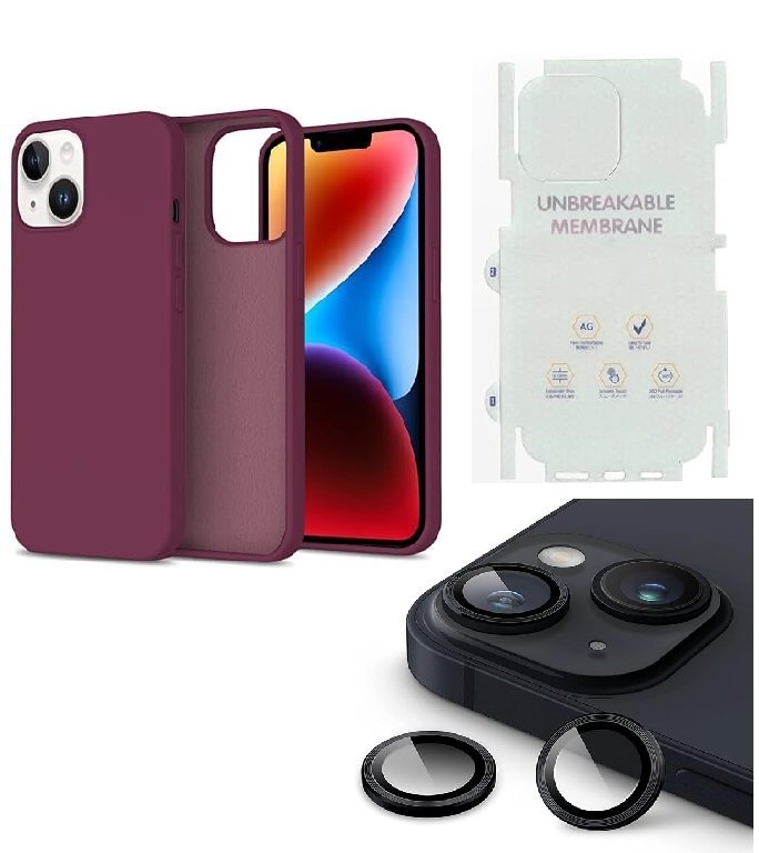 Silicone Bumper Case for iPhone 14 (Wine Red) | Camera Lens (Black) | Matte Finish Back Membrane screen Guard (Pack Of 3) Combo