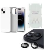 Silicone Bumper Case for iPhone 14 (White) | Camera Lens (Black) | Matte Finish Back Membrane screen Guard (Pack Of 3) Combo