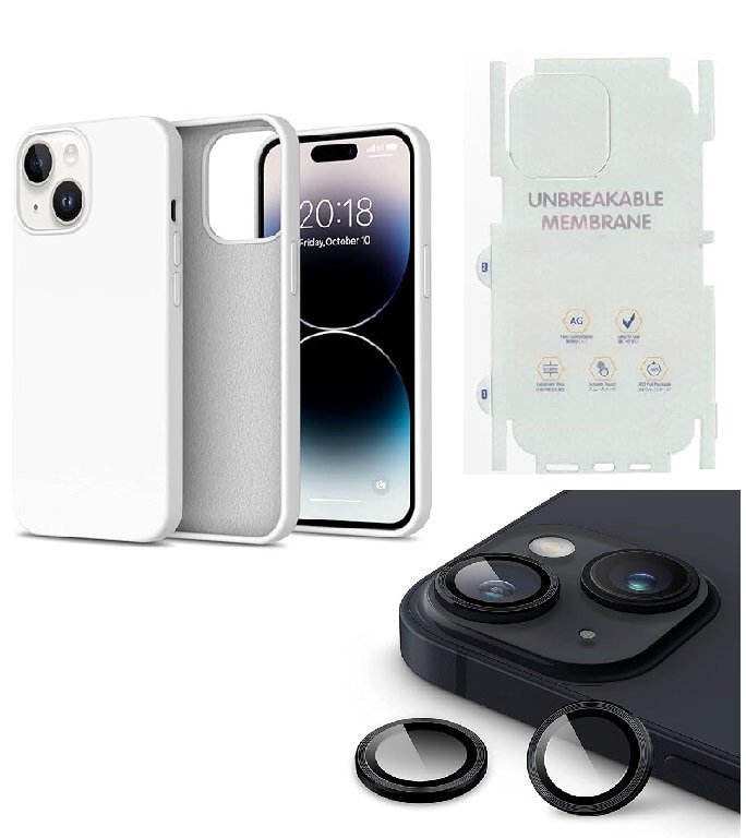 Silicone Bumper Case for iPhone 14 (White) | Camera Lens (Black) | Matte Finish Back Membrane screen Guard (Pack Of 3) Combo