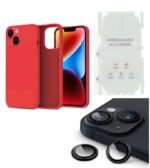 Silicone Bumper Case for iPhone 14 (Red) | Camera Lens (Black) | Matte Finish Back Membrane screen Guard (Pack Of 3) Combo