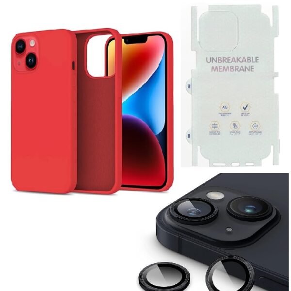 Silicone Bumper Case for iPhone 14 (Red) | Camera Lens (Black) | Matte Finish Back Membrane screen Guard (Pack Of 3) Combo