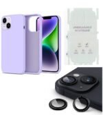 Silicone Bumper Case for iPhone 14 (Purple) | Camera Lens (Black) | Matte Finish Back Membrane screen Guard (Pack Of 3) Combo