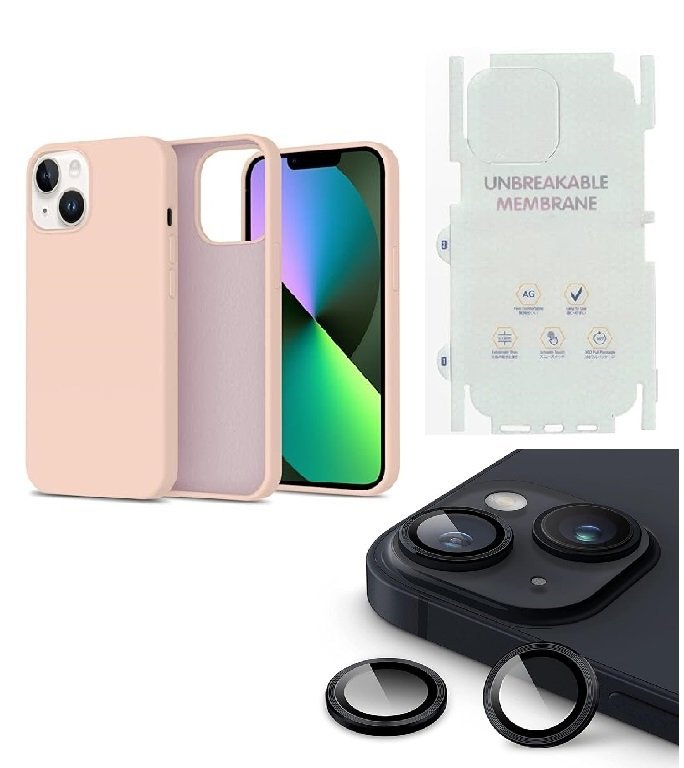 Silicone Bumper Case for iPhone 14 (Pink) | Camera Lens (Black) | Matte Finish Back Membrane screen Guard (Pack Of 3) Combo