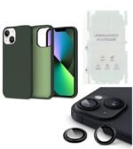 Silicone Bumper Case for iPhone 14 (Pine Green) | Camera Lens (Black) | Matte Finish Back Membrane screen Guard (Pack Of 3) Combo