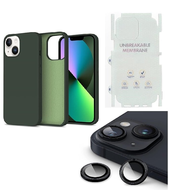 Silicone Bumper Case for iPhone 14 (Pine Green) | Camera Lens (Black) | Matte Finish Back Membrane screen Guard (Pack Of 3) Combo