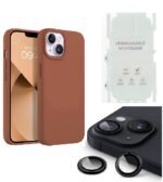Silicone Bumper Case for iPhone 14 (Brown) | Camera Lens (Black) | Matte Finish Back Membrane screen Guard (Pack Of 3) Combo