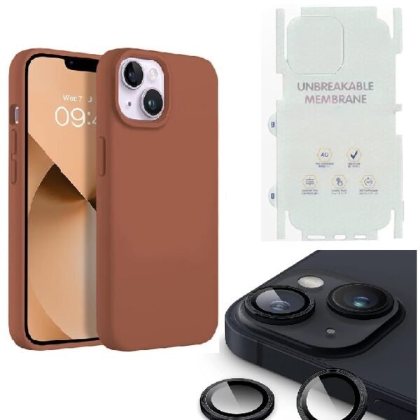 Silicone Bumper Case for iPhone 14 (Brown) | Camera Lens (Black) | Matte Finish Back Membrane screen Guard (Pack Of 3) Combo