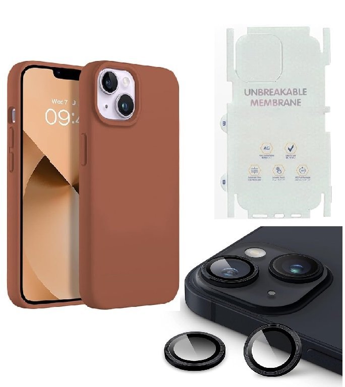 Silicone Bumper Case for iPhone 14 (Brown) | Camera Lens (Black) | Matte Finish Back Membrane screen Guard (Pack Of 3) Combo