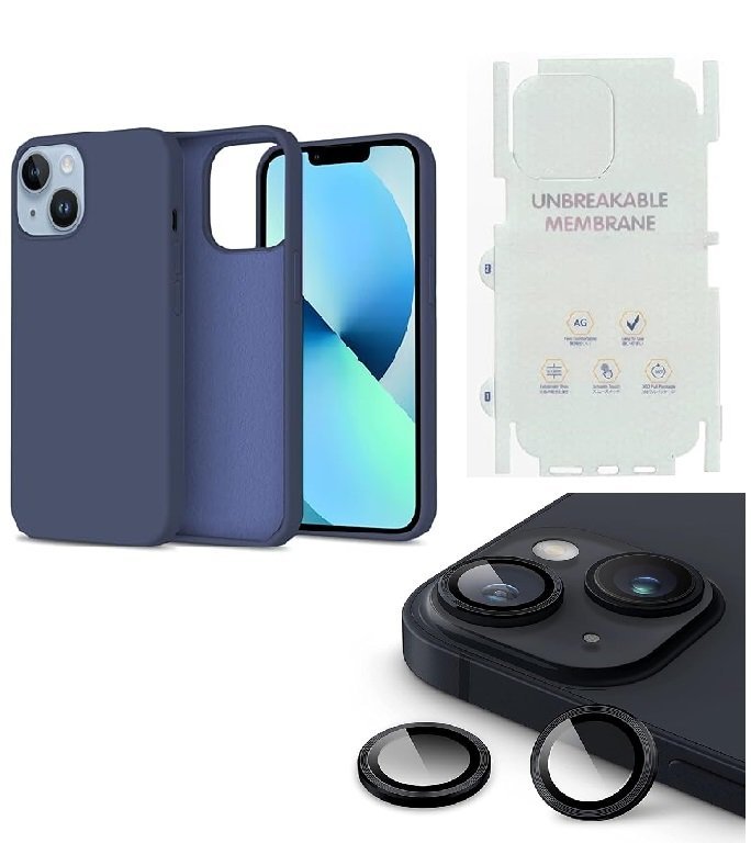 Silicone Bumper Case for iPhone 14 (Wine Red) | Camera Lens (Black) | Matte Finish Back Membrane screen Guard (Pack Of 3) Combo