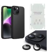 Silicone Bumper Case for iPhone 14 (Black) | Camera Lens (Black) | Matte Finish Back Membrane screen Guard (Pack Of 3) Combo