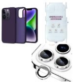 Silicone Bumper Case for iPhone 14 Pro (Deep Purple) | Camera Lens (Silver) | Matte Finish Back Membrane screen Guard (Pack Of 3) Combo