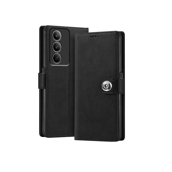 Realme P3x 5G / Realme 14X 5G | Genuine Leather Finish | Designer Button | Inbuilt Pockets & Stand (Flip Black)