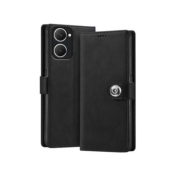 Vivo Y28s 5G | Genuine Leather Finish | Designer Button | Inbuilt Pockets & Stand (Flip Black)