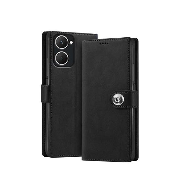 Vivo Y28s 5G | Genuine Leather Finish | Designer Button | Inbuilt Pockets & Stand (Flip Black)