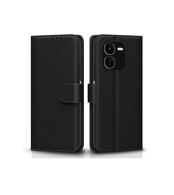 IQOO Z9x 5G Flip Cover Leather Finish | Inside TPU with Card Pockets | Wallet Stand (Flip Black)