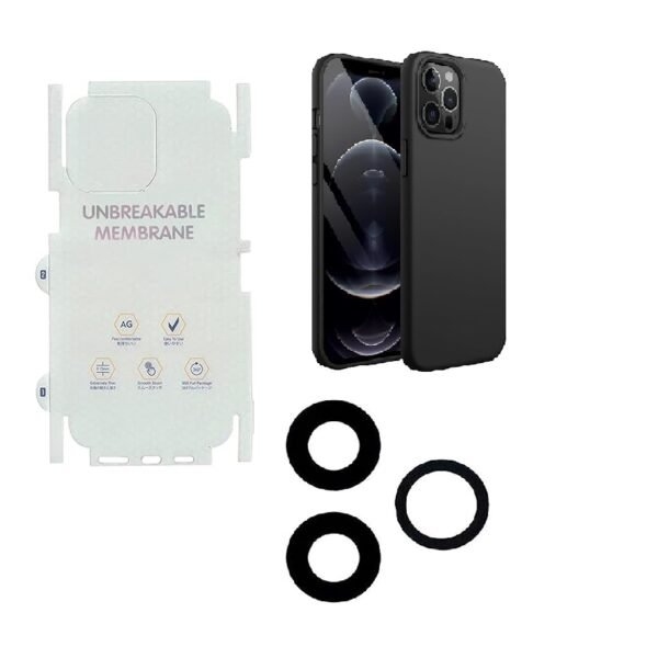 Silicone Bumper Case for iPhone 12 Pro Max (Black) | Camera Lens (Black) | Matte Finish Back Membrane screen Guard (Pack Of 3) Combo