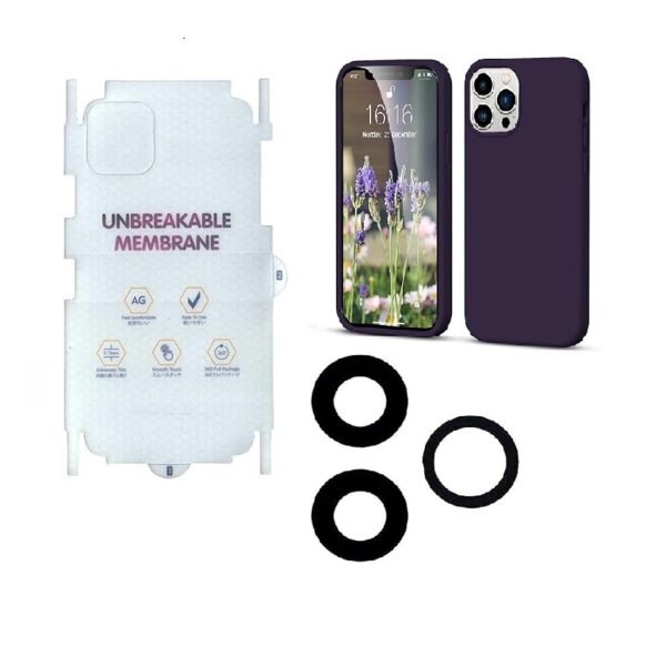 Silicone Bumper Case for iPhone 12 Pro Max (Deep Purple) | Camera Lens (Black) | Matte Finish Back Membrane screen Guard (Pack Of 3) Combo