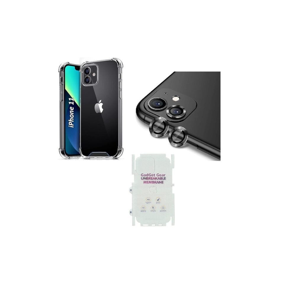 Silicone Bumper Cover Case for Apple iPhone 11 (Transparent) | Camera Lens (Black) | Matte Finish Back Membrane screen Guard (Pack Of 3) Combo