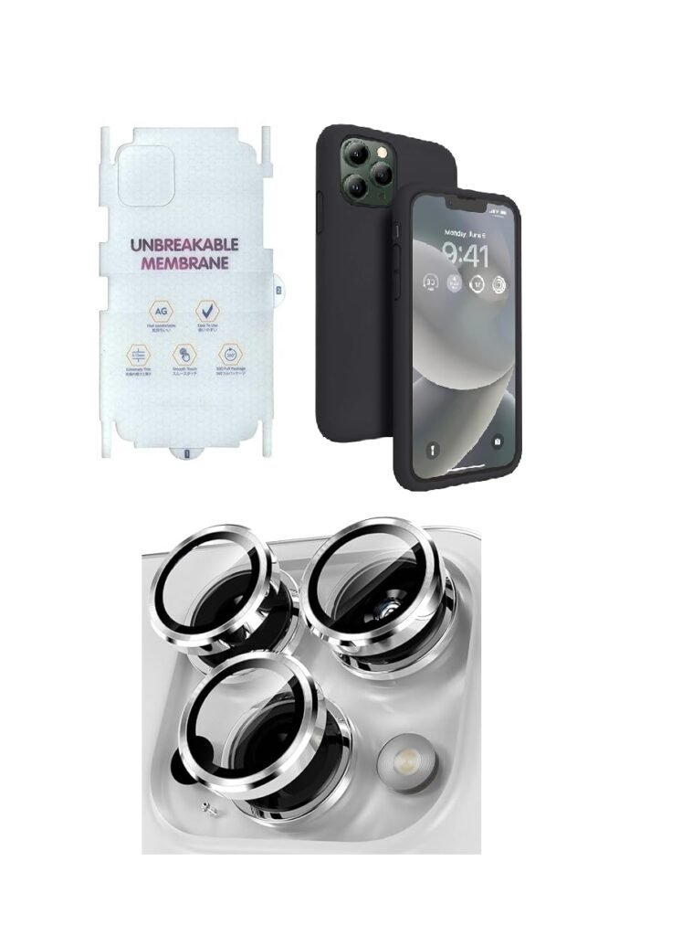 Silicone Bumper Cover Case for Apple iPhone 11 Pro (Black) | Camera Lens (Silver) | Matte Finish Back Membrane screen Guard (Pack Of 3) Combo