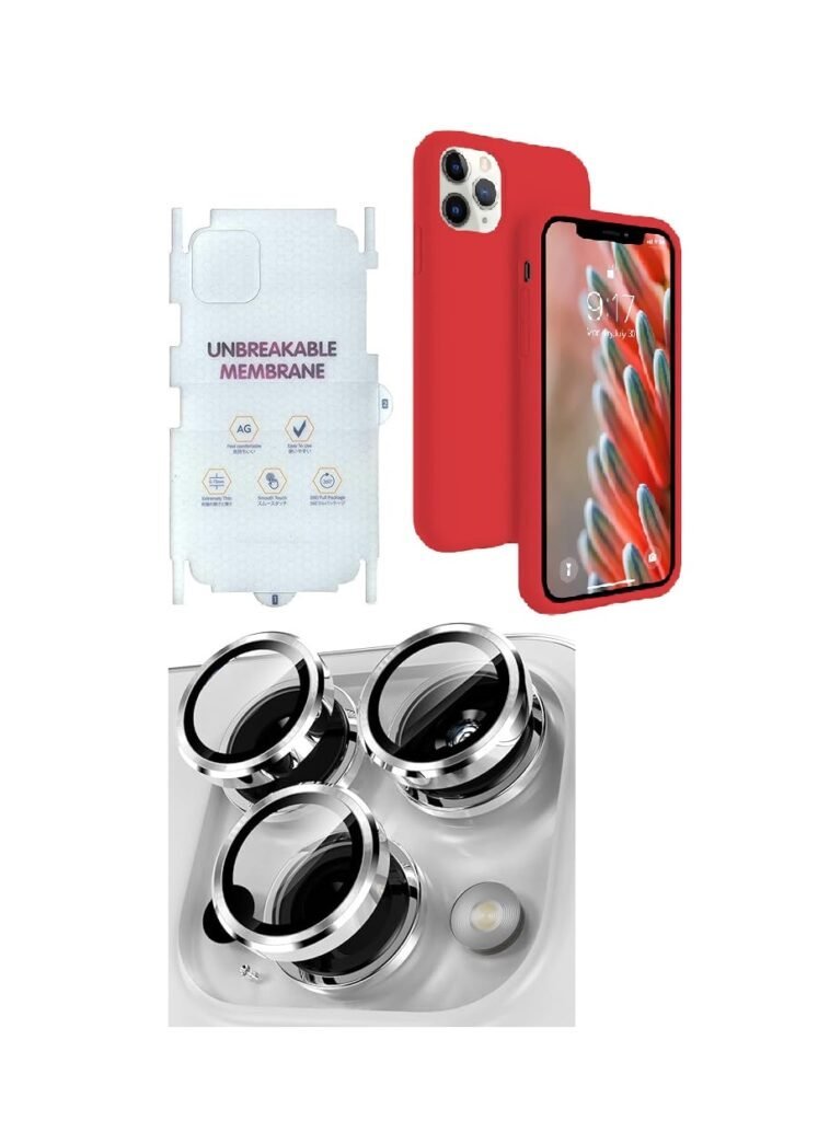 Silicone Bumper Cover Case for Apple iPhone 11 Pro (Red) | Camera Lens (Silver) | Matte Finish Back Membrane screen Guard (Pack Of 3) Combo