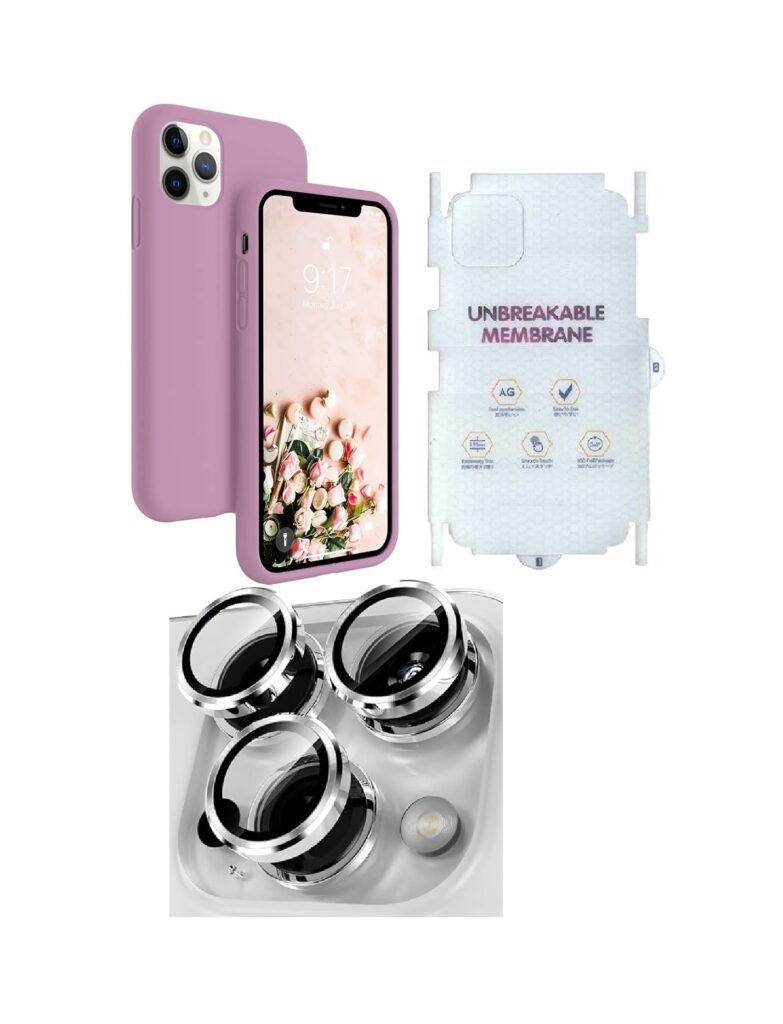 Silicone Bumper Case for iPhone 11 Pro Max (Purple) | Camera Lens (Silver) | Matte Finish Back Membrane screen Guard (Pack Of 3) Combo
