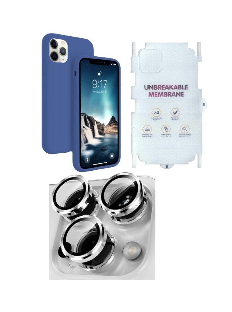 Silicone Bumper Case for iPhone 11 Pro Max (Blue) | Camera Lens (Silver) | Matte Finish Back Membrane screen Guard (Pack Of 3) Combo