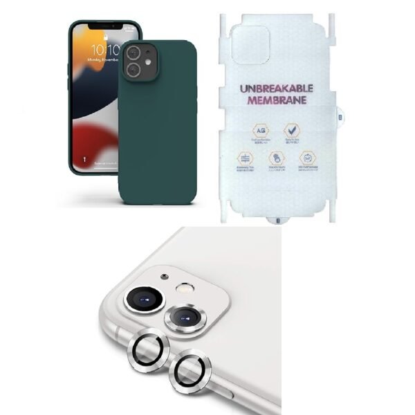 Silicone Bumper Case for iPhone 12 (Dark Green) | Camera Lens (Silver) | Matte Finish Back Membrane screen Guard (Pack Of 3) Combo