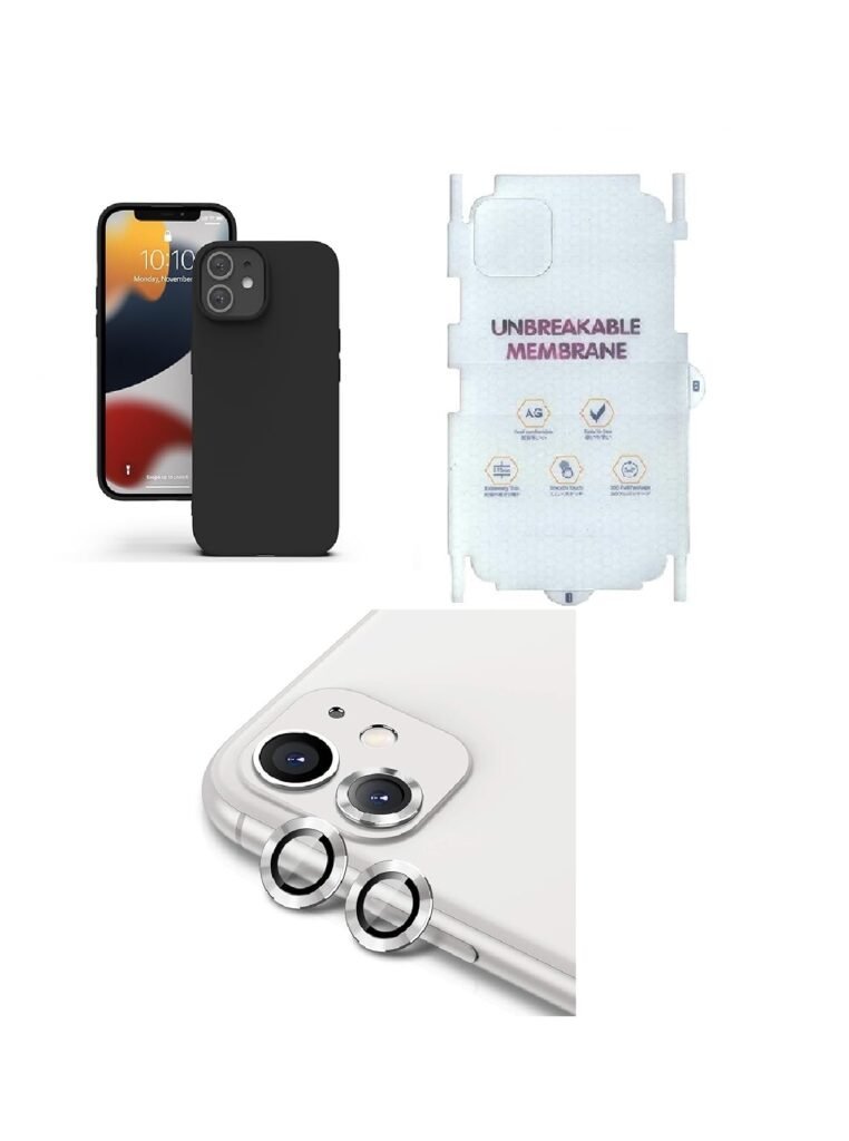 Silicone Bumper Case for iPhone 12 (Black) | Camera Lens (Silver) | Matte Finish Back Membrane screen Guard (Pack Of 3) Combo