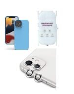 Silicone Bumper Case for iPhone 12 (Sky Blue) | Camera Lens (Silver) | Matte Finish Back Membrane screen Guard (Pack Of 3) Combo